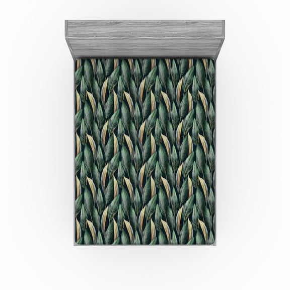 Ambesonne Jungle Fitted Sheet, Exotic Forest Leafy Print, Queen Size, Dark Teal Forest Green