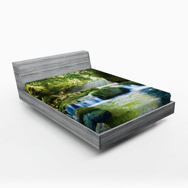 Ambesonne Jungle Fitted Sheet, Foliage Misty Mountains, Full Size, Yellow Green Blue