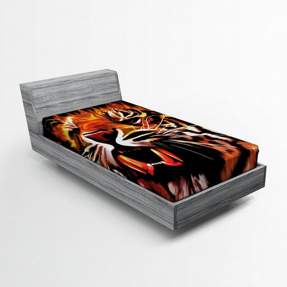 Ambesonne Jungle Fitted Sheet, Hunter Forest King Tiger, Twin Size, Orange White and Black