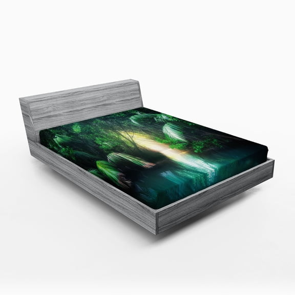 Ambesonne Jungle Fitted Sheet, Mangrove Rainforest Lake, Full Size, Green Teal