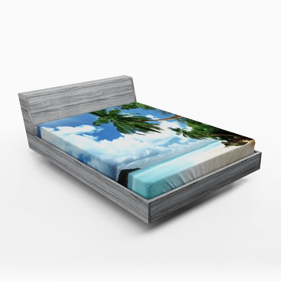 Ambesonne Jungle Fitted Sheet, Palm Leaf Island Lagoon, Full Size, Green Blue Aqua