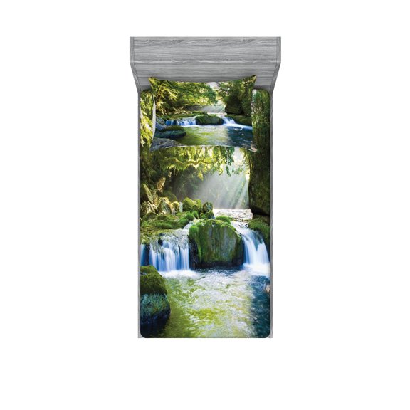 Ambesonne Jungle Fitted Sheet & Pillow Sham Set, Foliage Misty Mountains, Twinxl, Yellow Green Blue