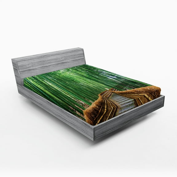 Ambesonne Jungle Fitted Sheet, Tropical Exotic Scenery, Full Size, Green Brown