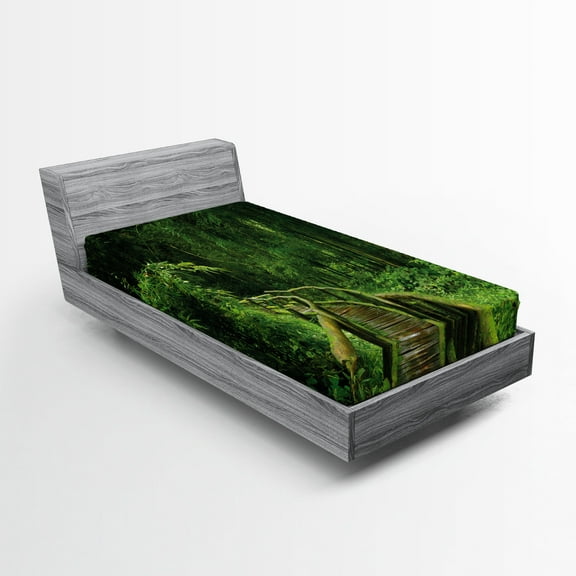 Ambesonne Jungle Fitted Sheet, Tropical Thailand Forest, Twin Size, Green