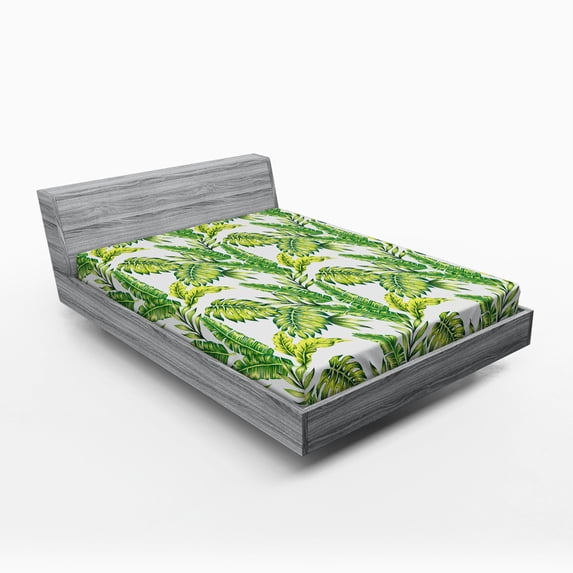 Ambesonne Jungle Fitted Sheet, Vintage Tropical Palm Leaf, Queen Size, Fern Green Lime