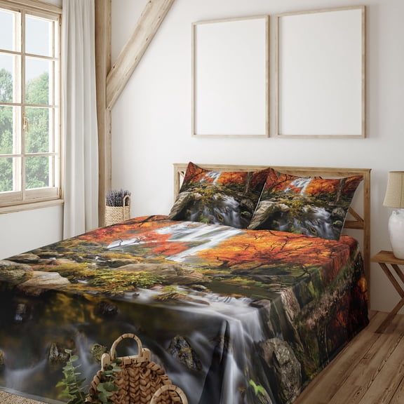 Ambesonne Jungle Fitted & Top Sheet Set with Shams, Autumn River Stream on Rocks, Brown Orange