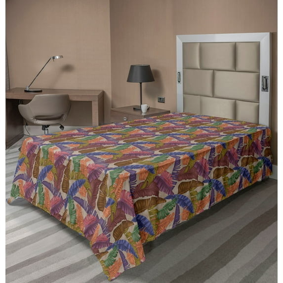Ambesonne Jungle Flat Bedding Sheet Soft Top Sheet, Tropical Forest Leaves Print, Twin XL, Laurel Green and Lavender
