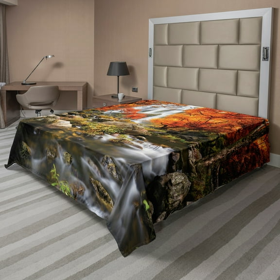 Ambesonne Jungle Flat Sheet, Autumn River Stream on Rocks, Queen Size, Brown Orange