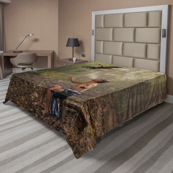 Ambesonne Jungle Flat Sheet, Forest Birds Eco, King Size, Green Brown