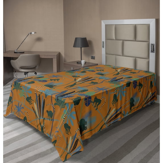 Ambesonne Jungle Flat Sheet, Funny Lemurs in the Forest, TwinXL Size, Dark Orange and Multicolor