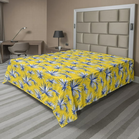 Ambesonne Jungle Flat Sheet, Grunge Tropical Plant Leaves, King Size, Yellow Blue and White