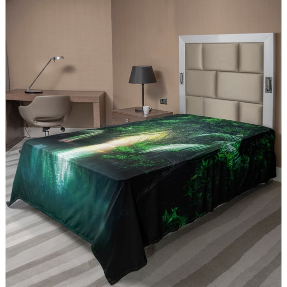 Ambesonne Jungle Flat Sheet, Mangrove Rainforest Lake, Twin Size, Green Teal