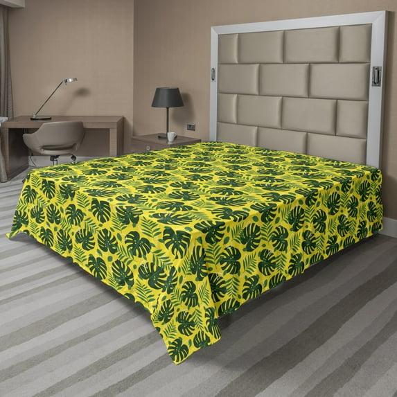 Ambesonne Jungle Flat Sheet, Modern Monstera and Palm, California King, Yellow Green