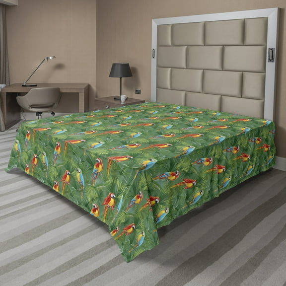 Ambesonne Jungle Flat Sheet, Rainforest with Parrot Birds, Full Size, Multicolor