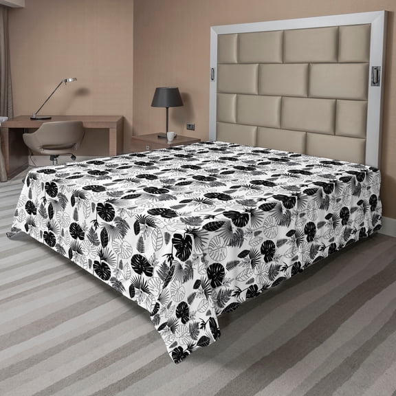 Ambesonne Jungle Flat Sheet, Tropic Leaf Foliage, Queen Size, Black and White