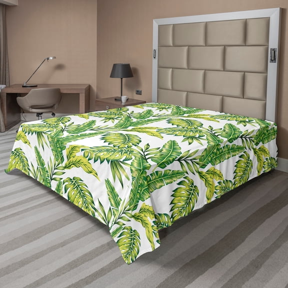 Ambesonne Jungle Flat Sheet, Vintage Tropical Palm Leaf, Queen Size, Fern Green Lime