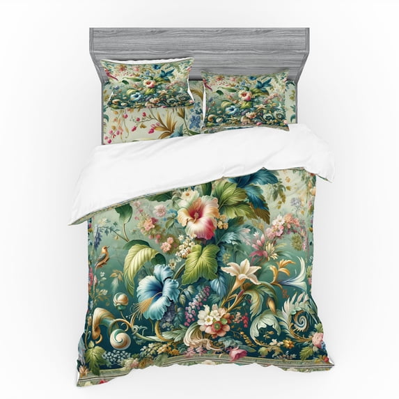 Ambesonne Jungle Floral Bedding Set 4 Pcs, Medieval Style Bloom, Calking, Green Multicolor