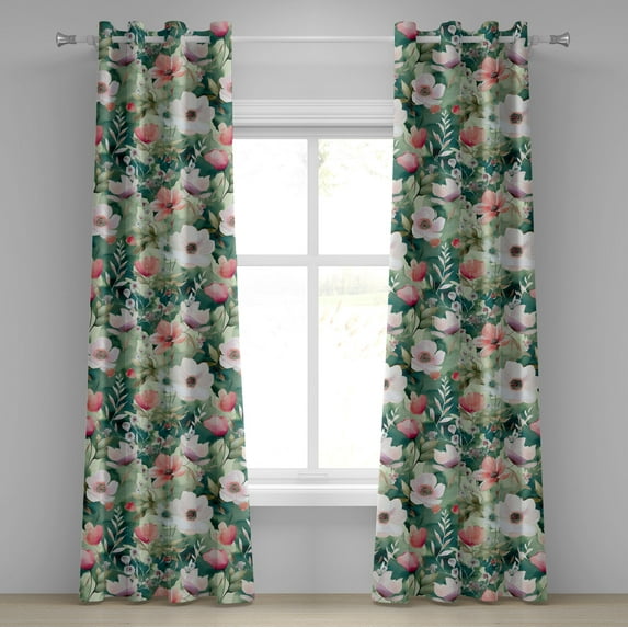 Ambesonne Jungle Floral Grommet Curtain, Aquarelle Leafy Art, 50"x120", Teal Coral Pale Green