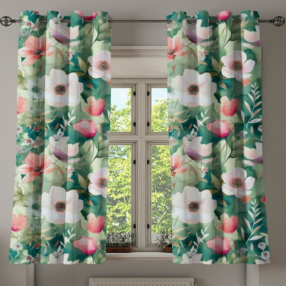 Ambesonne Jungle Floral Grommet Curtain, Aquarelle Leafy Art, 50"x63", Teal Coral Pale Green