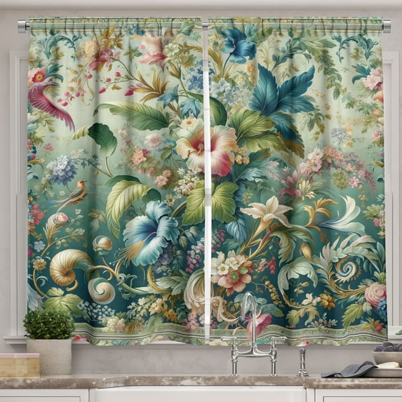 Ambesonne Jungle Floral Kitchen Curtains, Medieval Style Bloom, 55"x45", Green Multicolor