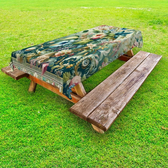 Ambesonne Jungle Floral Outdoor Tablecloth, Medieval Style Bloom, 58"x120", Green Multicolor