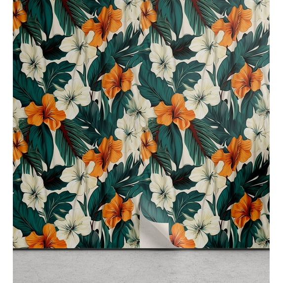 Ambesonne Jungle Floral Peel & Stick Wallpaper for Home, Hibiscus Retro Tropic, 13"x100", Dark Teal Marigold and Ivory