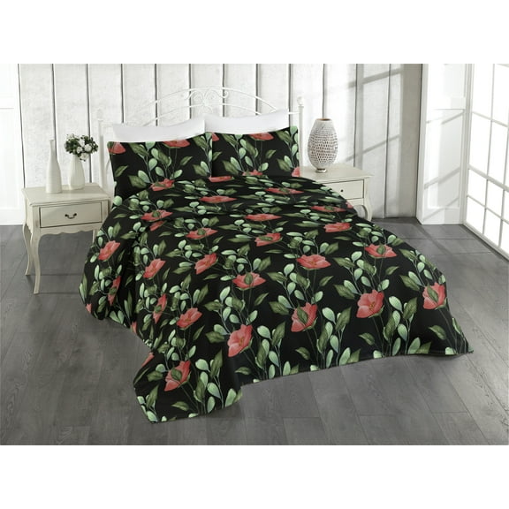 Ambesonne Jungle Floral Quilted Bedspread Set 3 Pcs, Forest Scene Flowers, Twin, Dark Coral Fern Green