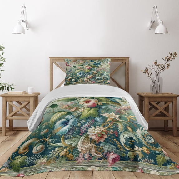 Ambesonne Jungle Floral Quilted Coverlet 2 Pcs, Medieval Style Bloom, Twin Size, Green Multicolor