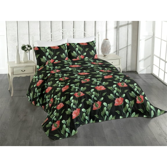 Ambesonne Jungle Floral Quilted Coverlet 3 Pcs, Forest Scene Flowers, King Size, Dark Coral Fern Green