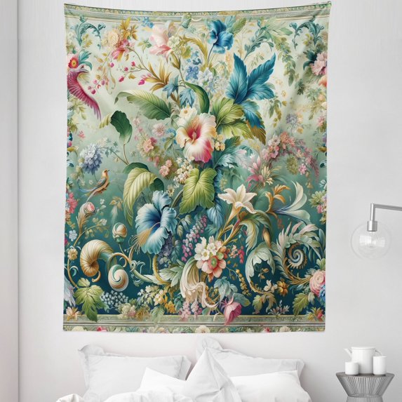 Ambesonne Jungle Floral Tapestry Twin Size, Medieval Style Bloom, 68"x88", Green Multicolor