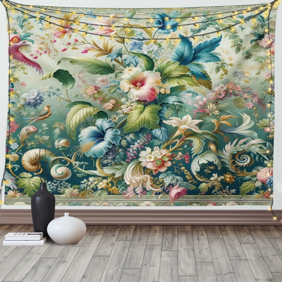 Ambesonne Jungle Floral Tapestry Wall Hanging, Medieval Style Bloom, 60"x40", Green Multicolor