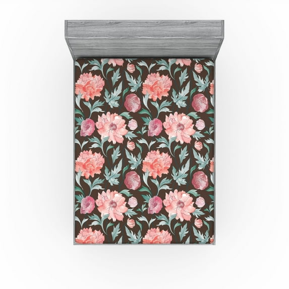 Ambesonne Jungle Flowers Fitted Sheet, Art Aquarelle Floral, California King, Laurel Green Coral Taupe