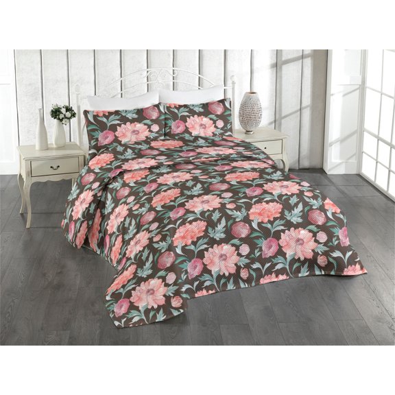 Ambesonne Jungle Flowers Quilted Bedspread Set 3 Pcs, Art Aquarelle Floral, Twin, Laurel Green Coral Taupe