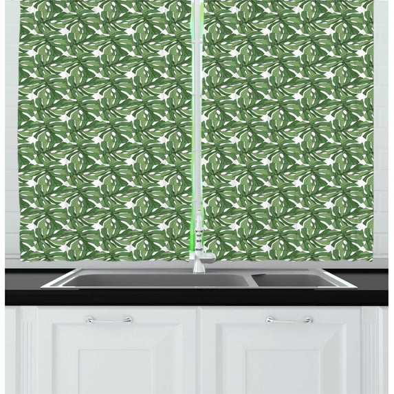 Ambesonne Jungle Foliage Kitchen Curtains, Beach Tree Leaves, 55"x45", Fern Green Peacock Green