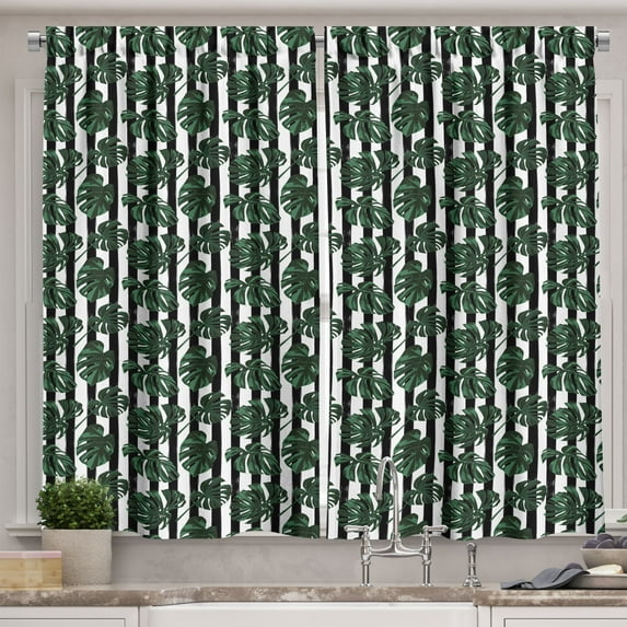 Ambesonne Jungle Foliage Kitchen Curtains, Monstera on Stripes, 55"x45", Charcoal Grey Green