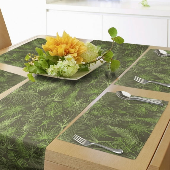 Ambesonne Jungle Foliage Table Runner & Placemats, Palm Trees Leaves, Placemat 4 pcs + Runner 14"x90", Taupe and Lime Green