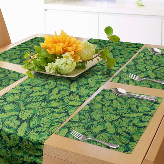 Ambesonne Jungle Foliage Table Runner & Placemats, Tropic Hawaii Leaves, Placemat 4 pcs + Runner 12"x72", Green Lime Green