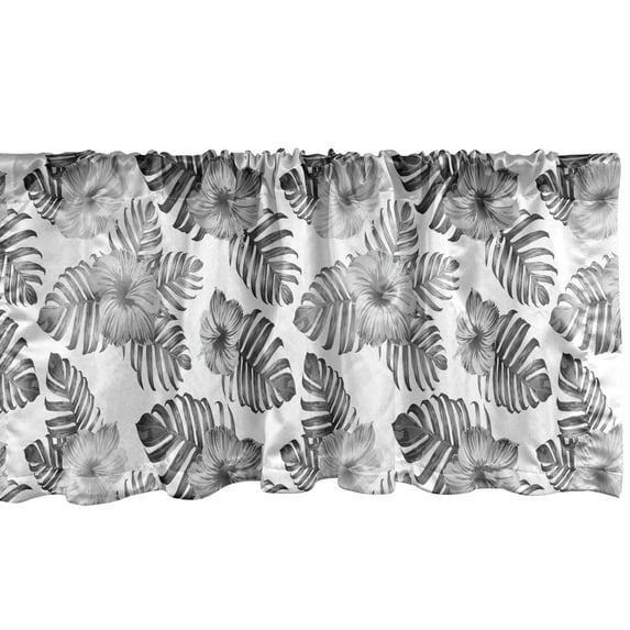 Ambesonne Jungle Foliage Window Valance, Vintage Style Repetition of Greyscale Tone Hibiscus and Leaves, Curtain Valance for Kitchen Bedroom Decor with Rod Pocket, 54" X 12", Grey Pale Grey and White