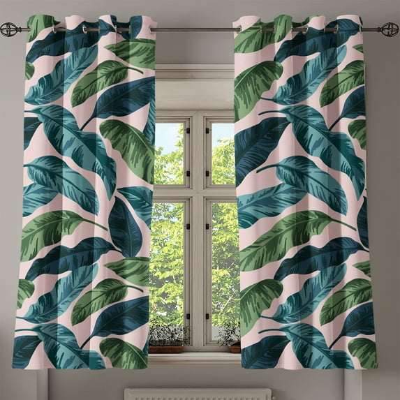 Ambesonne Jungle Grommet Curtain, Tropical Hawaii Exotic Print, 50"x60", Pale Rose Green Dark Teal