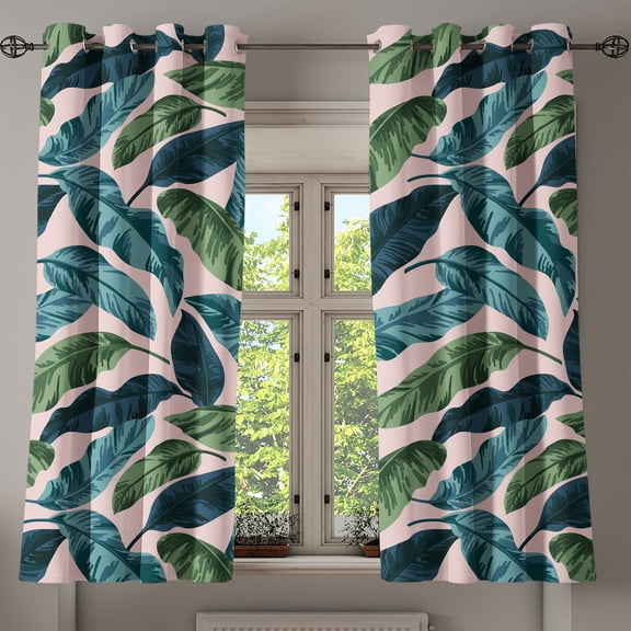 Ambesonne Jungle Grommet Curtain, Tropical Hawaii Exotic Print, 50"x63", Pale Rose Green Dark Teal