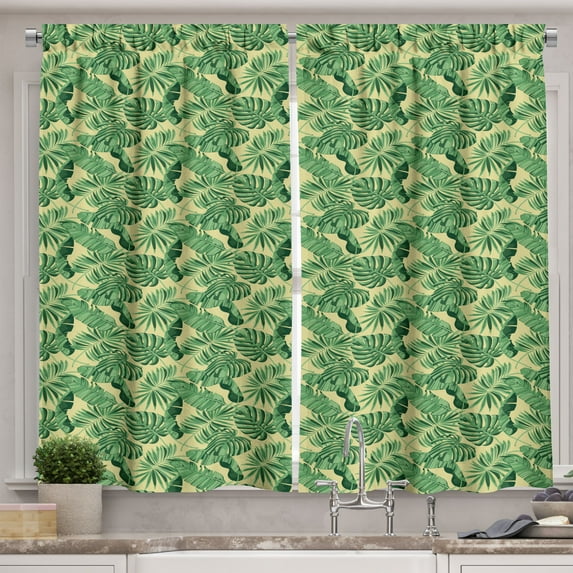 Ambesonne Jungle Kitchen Curtains, Brazil Forest Foliage, 55"x39", Eggshell and Green