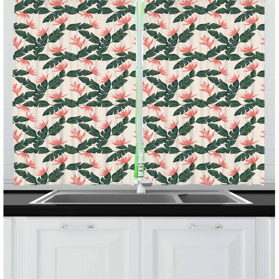 Ambesonne Jungle Kitchen Curtains, Exotic Flora and Leaves, 55"x39", Army Green Coral Ivory