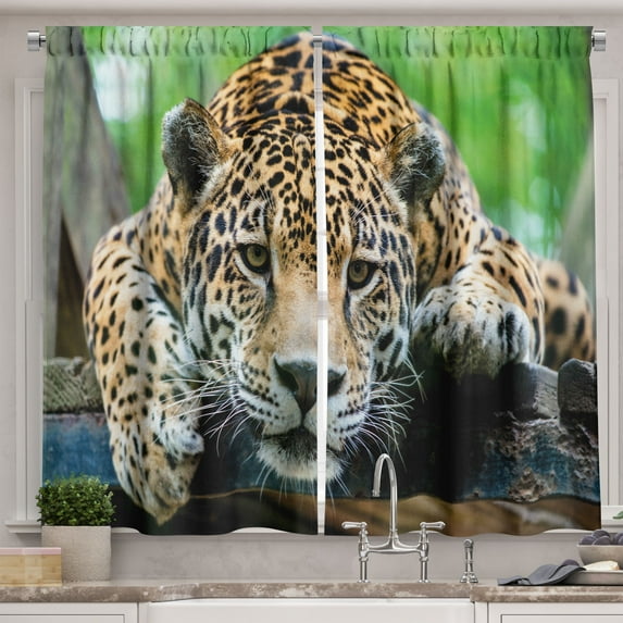 Ambesonne Jungle Kitchen Curtains, Jaguar Wildcat Feline, 55"x45", Orange Black Green