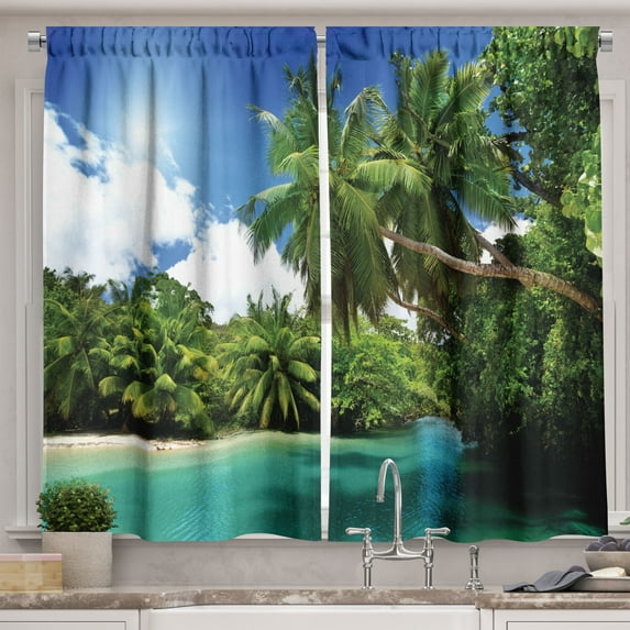 Ambesonne Jungle Kitchen Curtains, Mahe Island Lake Palms, 55"x39", Aqua Green White