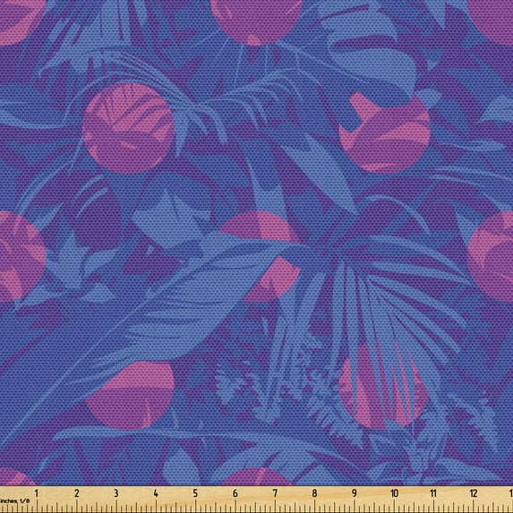 Ambesonne Jungle Leaves Fabric by the Yard Upholstery, Geometric Circular, 5 Yards, Fuchsia Violet Blue