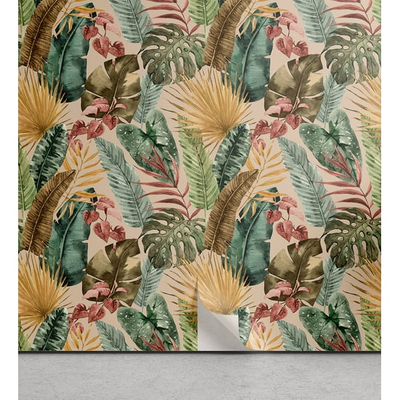 Ambesonne Jungle Leaves Peel & Stick Wallpaper for Home, Vintage Mural Exotics, 13"x72", Ecru Teal and Khaki