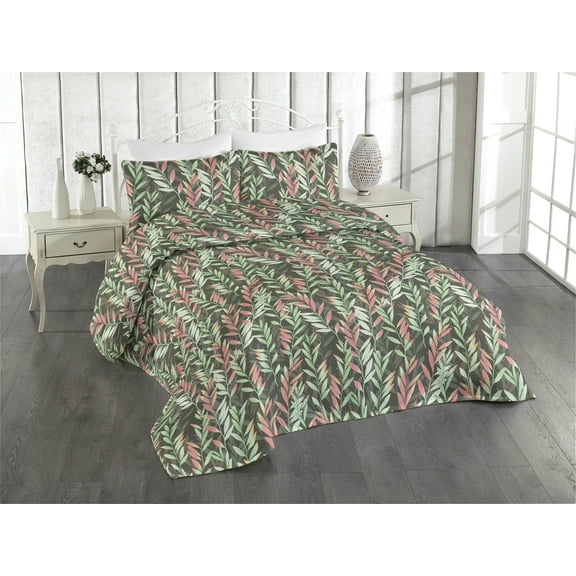 Ambesonne Jungle Leaves Quilted Bedspread Set 3 Pcs, Tropical Forest Leaf, Twin, Pastel Pink Mint Green