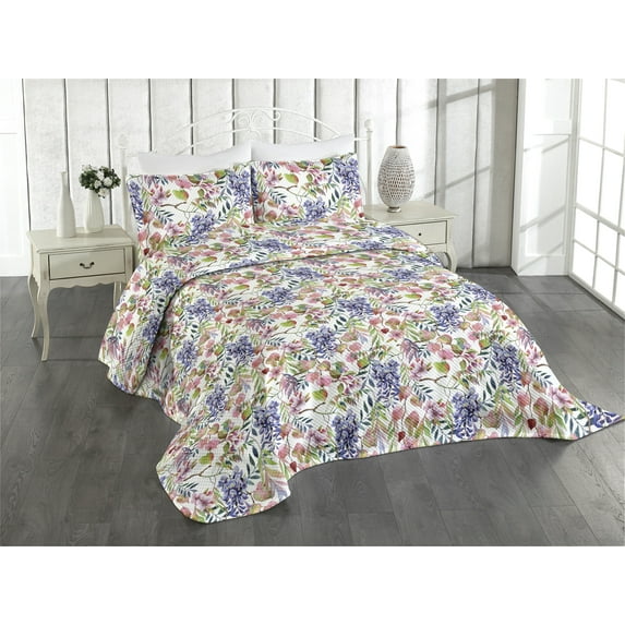 Ambesonne Jungle Leaves Quilted Coverlet 2 Pcs, Leafy Twigs Wisteria, Twin Size, Lavender Blue Lime Green