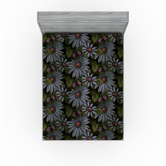 Ambesonne Jungle Night Fitted Sheet, Wild Chamomile Leaves, California King, Reseda Green Blue Grey