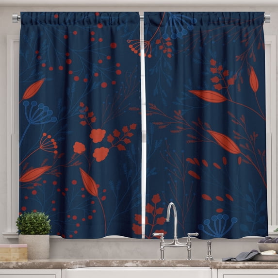 Ambesonne Jungle Night Kitchen Curtains, Wild Floral Motifs, 55"x36", Dark Sky Blue and Paprika